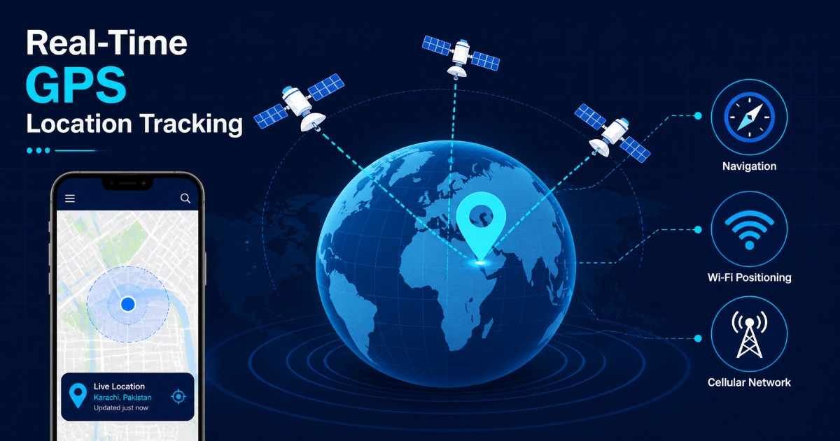Real-time GPS location tracking system showing satellite, smartphone map, and geofencing in Pakistan