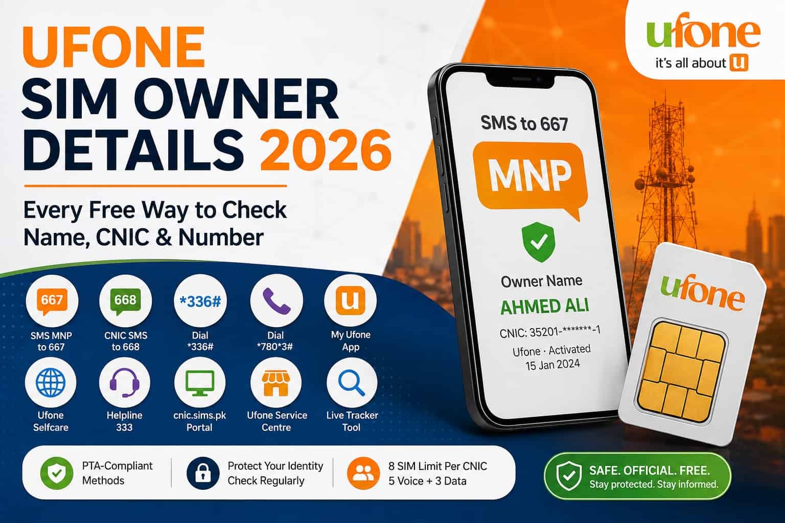 Featured image for Ufone SIM Owner Details 2026 guide showing a smartphone with MNP to 667 verification, Ufone SIM card, official checking methods like 668, *336#, My Ufone app, helpline 333, and PTA-compliant SIM ownership verification tools in Pakistan.
