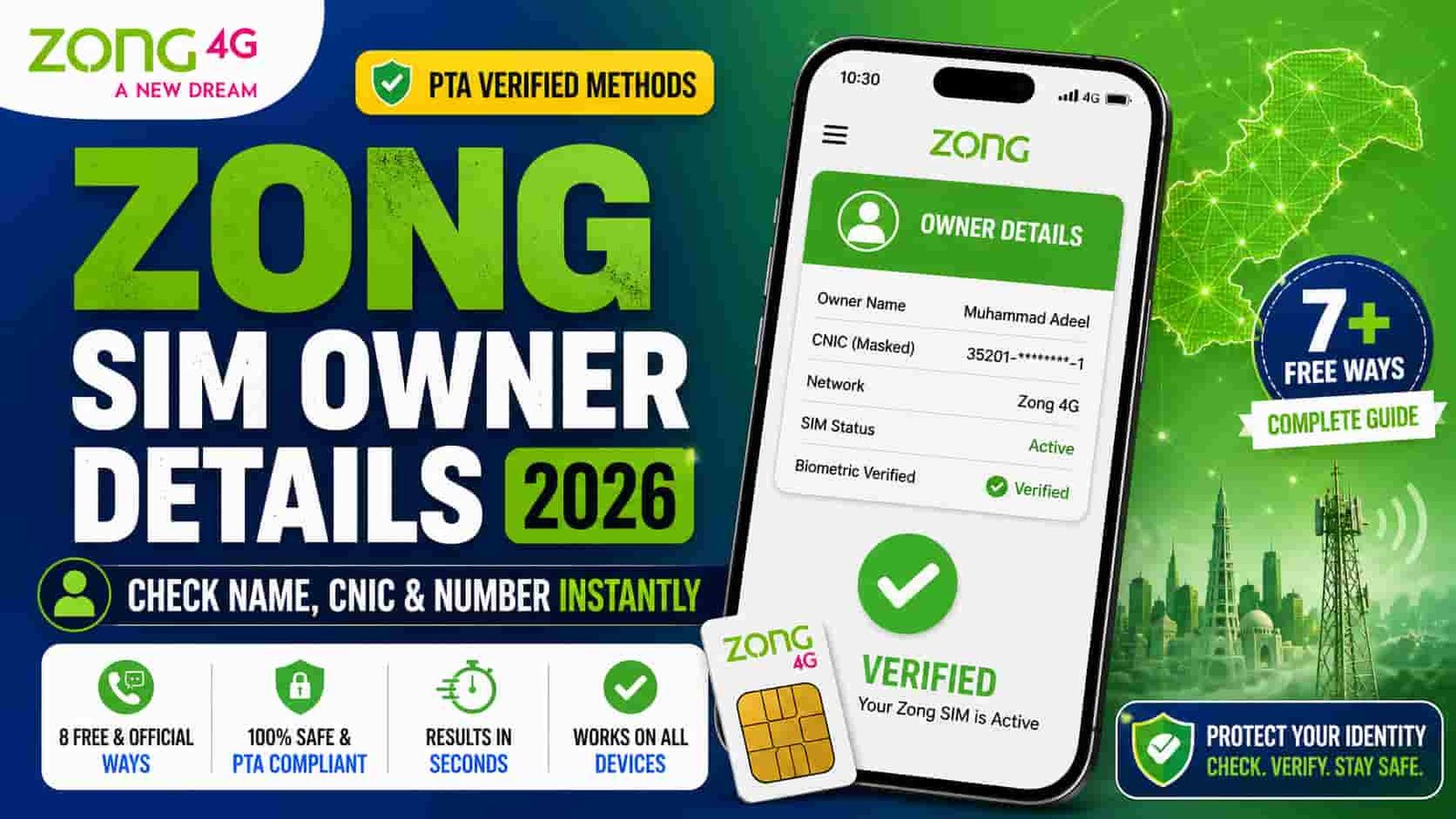 Zong SIM owner details check 2026 showing CNIC verification and registered name on mobile screen in Pakistan